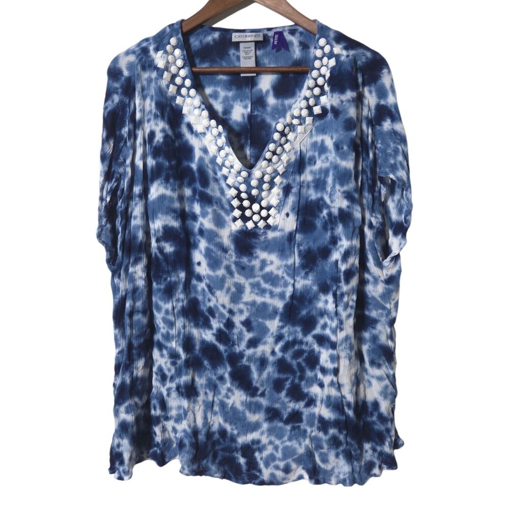Catherines Top Size 1X Petite Blue Tie Dye Gauzy Lightweight Beaded Short Sleeve